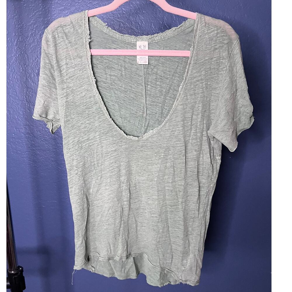 Free People We The Free Addie Raw Edge Scoop Neck Tee Green Linen Cotton Lg NWOT